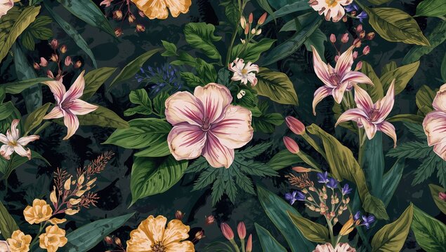Tropical floral pattern featuring diverse jungle and island blooms, ideal for editorial backgrounds