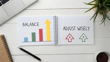 Notebook showing financial chart with upward arrows on a white desk