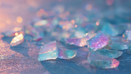 虹色に光るガラス片のマクロ背景 幻想的な光のアート素材