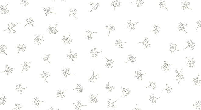 Minimalist sprigs or dandelion seeds made of tiny dots are scattered gracefully across a white background in a subtle and delicate pattern.