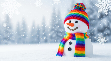 Obraz premium Cheerful Snowman in Colorful Hat and Scarf Against Winter Background