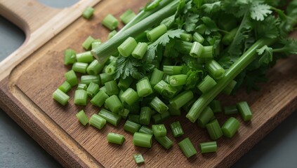 Fototapeta premium Chopped green celery arranged on a wooden kitchen board, fiber-dense choice