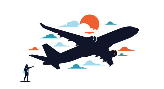 Silhouette of a traveler waves goodbye to a large passenger airplane taking off into a sky with clouds and a bright orange sun.