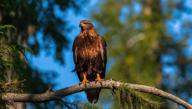 Golden Eagle perched on a branch, observing its surroundings, wildlife observation