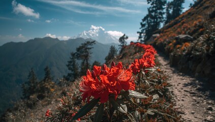 Blooming Crimson Rhododendron Blossoms Along