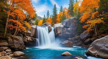 Scenic Waterfall Cascading Through Autumn Foliage A Nature's Symphony in Fall Colors