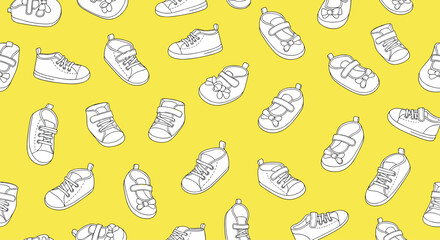 Doodles of various baby and toddler shoes, including sneakers and sandals, create a cute seamless pattern over a bright yellow background.