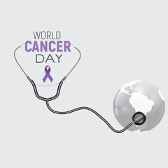 World Cancer Day, February 4: Banner design with purple ribbon and world map. Vector illustration
