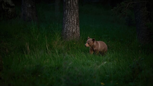 Lonely young bear cub in a nighttime forest, facing isolation