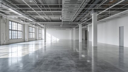 Fototapeta premium Interior space in an office building available for lease, highlighting modern architectural design