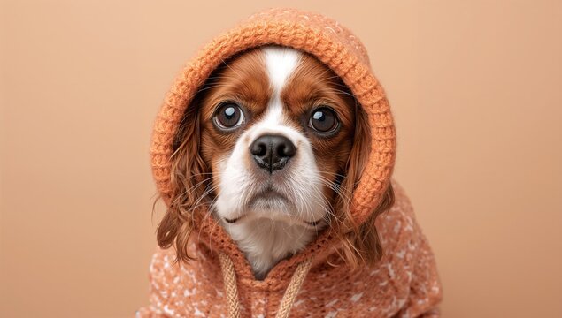 Cavalier King Charles Spaniel dog's snout visible from a car hood, playful pet accessory theme