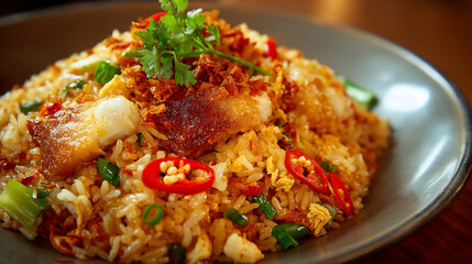 Close up shot of fried rice with meat and vegetables on a gray ceramic plate dish