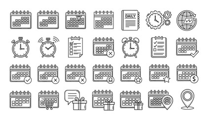 Collection of Calendar-Related Line Icons and Outline Signs for Graphic and Web Design, Apps, Advertisements, Various Cards, Vector Cartoon Illustration with a Daily Planner, Alarm Clocks