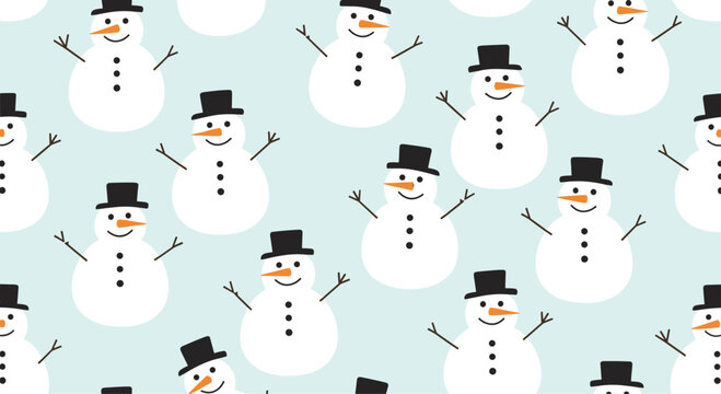 Joyful snowmen wearing black top hats are smiling in a repeating pattern on a light blue background, creating a festive winter scene.
