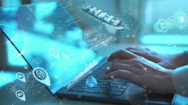 Hands typing on laptop with holographic interface of cargo ship and global logistics, representing digital transformation in international supply chain and smart shipping.