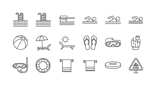 Bundle of minimalistic linear pictograms representing swimming pool activities and summer vacation essentials, perfect for web and graphic design, apps, banners, social networks, and cards, offering