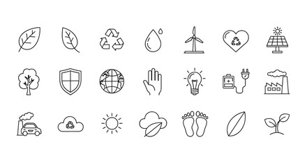 Environmental Protection Line Icon Pack: Nature Conservation Outline Signs for Graphic and Web Design, Apps, Adverts, Various Cards, Vector Cartoon Illustrations, Eco-Friendly Symbols, Renewable