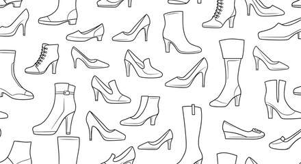 Obraz premium Assorted styles of women's footwear, such as high heels and boots, are illustrated in a black and white line art seamless pattern.