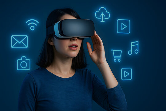 Woman exploring virtual reality apps and media icons
