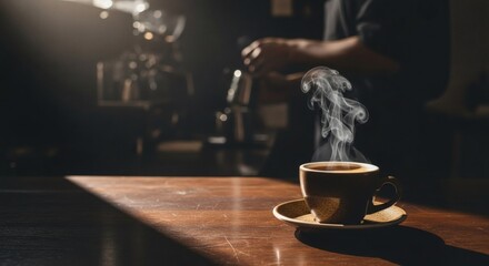 Espresso cup on a dark wood table with steam and soft highlights and barista on the background
