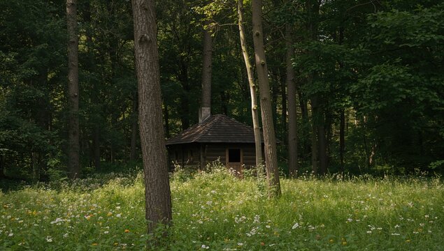 A small cabin nestled in a forest, surrounded by greenery and shaded by trees, reflecting a sense of isolation