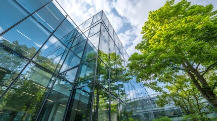 Fototapeta premium Modern glass corporate structure reflects vibrant green foliage and blue sky elements
