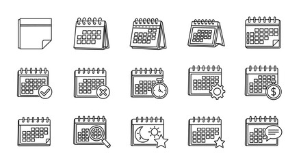 A comprehensive set of thin line icons representing various calendar functions and concepts, including a blank note, standard calendars, calendars with checkmarks, crosses, timers, gears, dollar