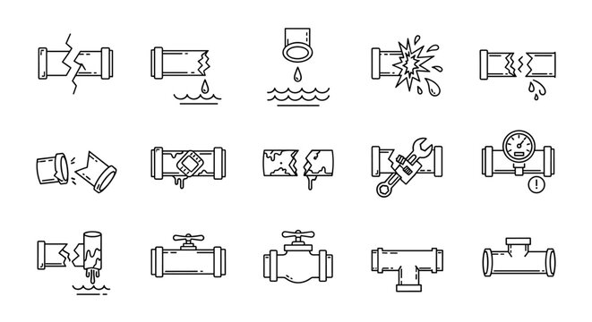 Collection of outline icons representing broken pipes, leaks, and plumbing repairs, perfect for web, books, cards, and apps, editable stroke, vector cartoon illustration with a white background.
