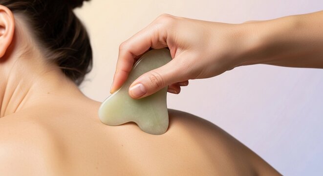 A hand using a gua sha stone tool on a woman's back. The scene emphasizes self-care and wellness routines at home with a focus on glide massage techniques.