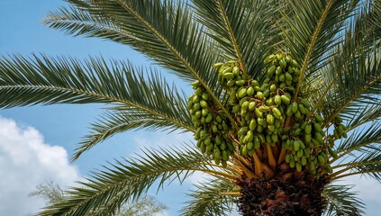 Fototapeta premium A cluster of unripe dates hanging from a date palm tree, fiber-dense choice