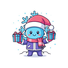 A cute cartoon snowflake character wearing a Santa hat and scarf holds two Christmas gifts.