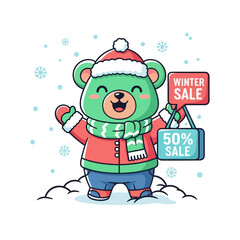 Cute green bear in winter clothes holding shopping bags with winter sale signs.