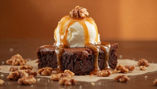 Chocolate brownies topped with salted caramel, served with vanilla ice cream and walnuts, indulgent dessert option