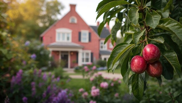 Charming home with a plum backdrop, suitable for editorial header background