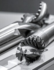 Close-up monochrome of metal tools, showing intricately designed cutting edges and cylindrical shafts