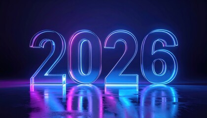 Futuristic 2026 neon glowing numbers in vibrant blue and purple light reflecting on a dark wet surface.