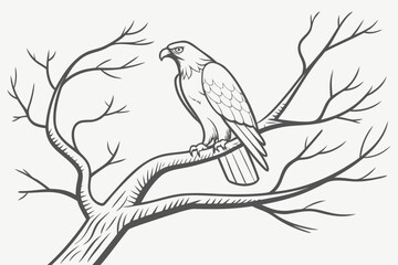 Bird of Prey on Bare Tree with Layered Misty Mountains Vector - Duotone Graphic