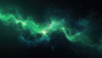 3D computer-generated rendering of abstract spacetime with green glowing plasma and dark matter, focusing on energy dynamics