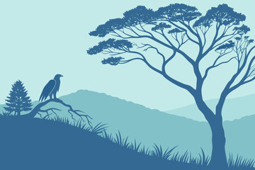 Vulture/Eagle and Savannah Tree Silhouette Vector - Blue Duotone Graphic