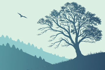 Bare Tree and Bird on Hill Vector - Monochrome Brown Graphic