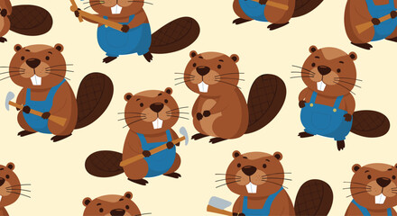 Fototapeta premium Busy cartoon beavers wearing overalls and holding tools are featured in a cute and industrious seamless pattern on a neutral background.