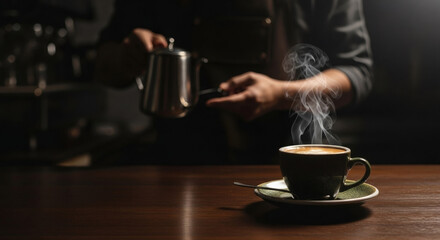 Espresso cup on a dark wood table with steam and soft highlights and barista on the background