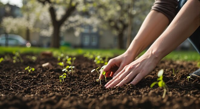 Woman planting seedlings in garden soil during springtime  