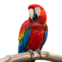 A vibrant red scarlet macaw parrot perched on a branch isolated on transparent background