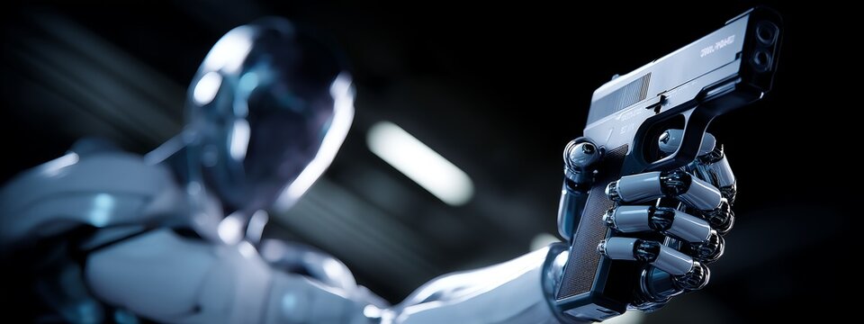 Futuristic robot with realistic movements holding a futuristic pistol in ultra-realistic style