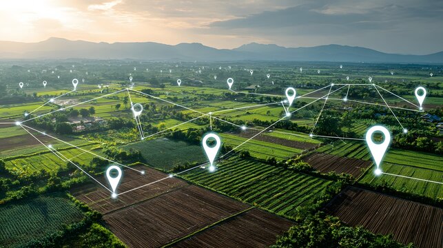 Agricultural fields display a network of glowing location markers indicating smart farming technology implementation