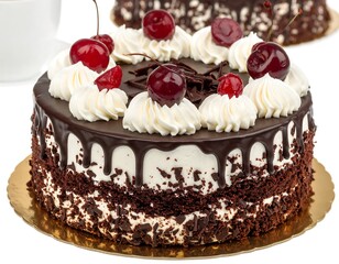 Close-up of a chocolate cake with whipped cream and cherries, set on a gold platter
