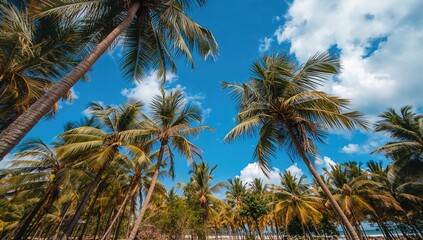Obraz premium Coconut palms reaching towards a clear blue sky, surrounded by lush garden greenery.