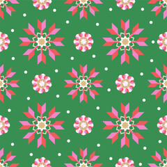 A seamless kitsch Christmas geometric pattern with vibrant pink and green snowflakes for retro holiday design
