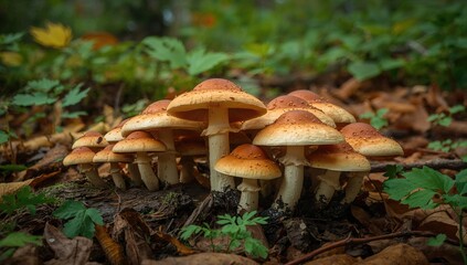Fototapeta premium In a vibrant forest, a diverse array of organic mushrooms flourish among rich green foliage, showcasing nature's seasonal beauty, Earth Day